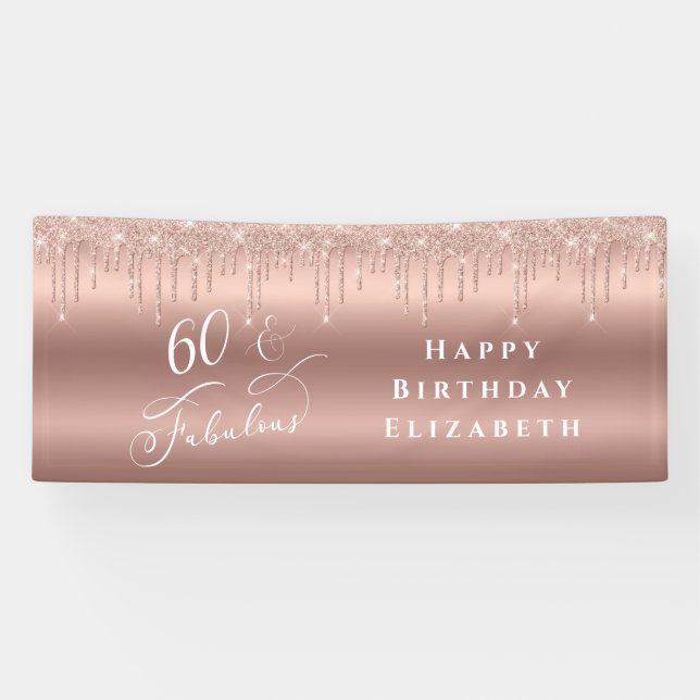 Rose Gold Glitzer 60. Geburtstagsparty Banner (Horizontal)
