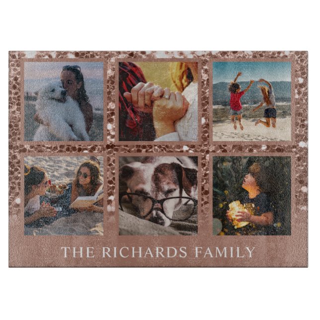 Rose Gold Glitzer 6 FotoCollage Familienname Cutt Schneidebrett (Vorderseite)