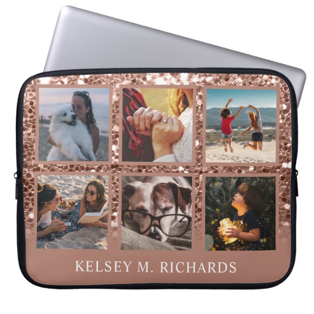 Rose Gold Glitzer 6 FotoCollage mit Name Laptopschutzhülle (Vorderseite)