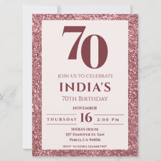 Rose Gold Glitzer 70. Geburtstag Einladung