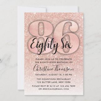Rose Gold Glitzer 86. Geburtstag Einladung