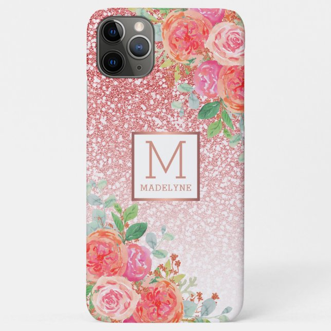 Rose Gold Glitzer Aquarellfarben Monogramm Name Case-Mate iPhone Hülle (Rückseite)