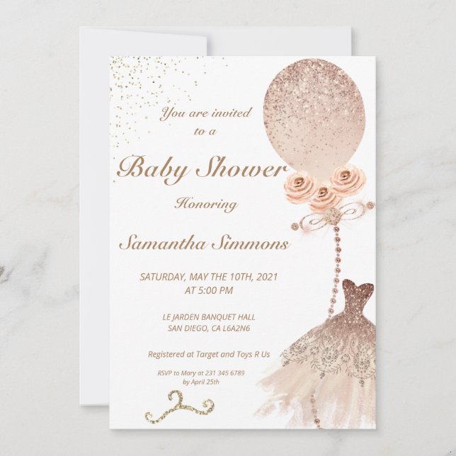 Rose Gold Glitzer Ballon Dress Baby Dusche Einladung (Vorderseite)