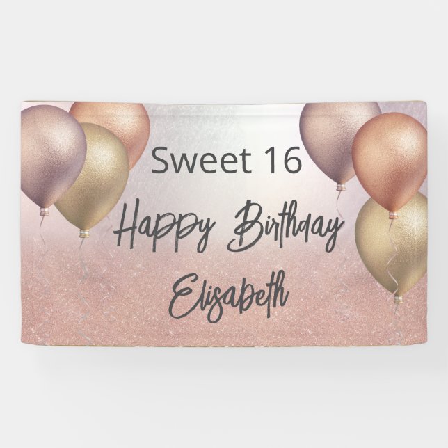Rose Gold Glitzer Ballon süß 16 Party Banner (Horizontal)