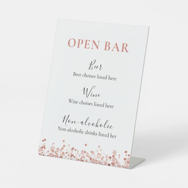 Rose Gold Glitzer Bar Menü Podestzeichen Sockelschild (Vorderseite)