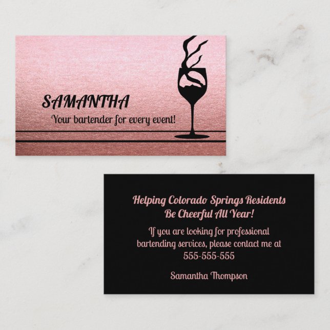 Rose Gold Glitzer Barkeeper Event-Visitenkarte Visitenkarte (Vorne/Hinten)