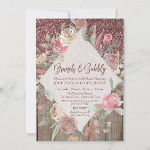 Rose Gold Glitzer Barn Wood Floral Brunch & Bubble Einladung