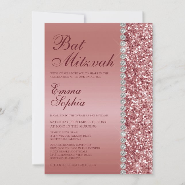 Rose Gold Glitzer Bat Mitzvah Einladung (Vorderseite)