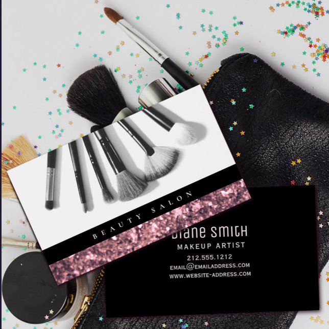 Rose Gold Glitzer Beauty Salon Visitenkarte (Rose Gold Glitter Beauty Salon Business Card #zazzlemade #brushes #beautysalon #rosegoldblack)