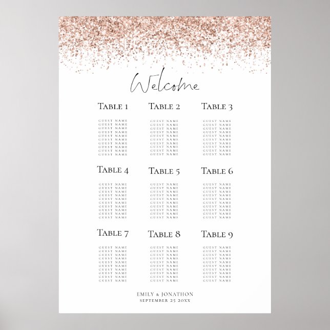 Rose Gold Glitzer Begrüßungsskriptstabelle Poster (Vorne)