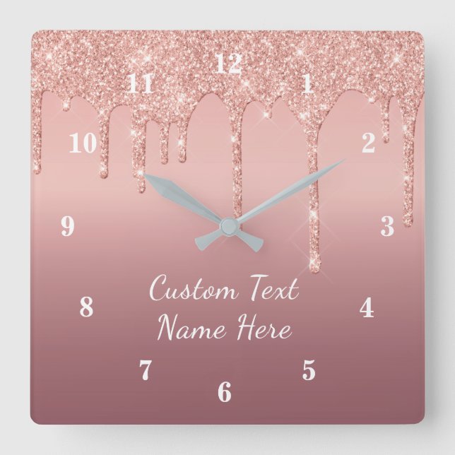 Rose Gold Glitzer - Benutzerdefinierte Textnamensk Quadratische Wanduhr (Vorderseite)