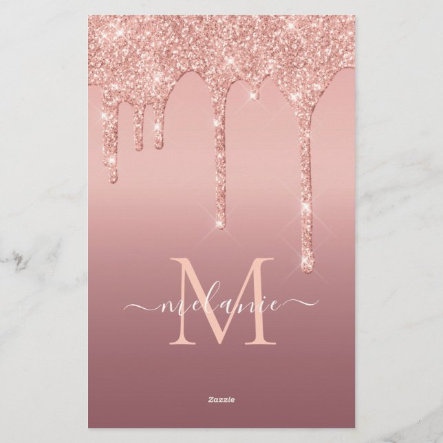 Rose Gold Glitzer Benutzerdefinierter Letter Name- Briefpapier (Rückseite)