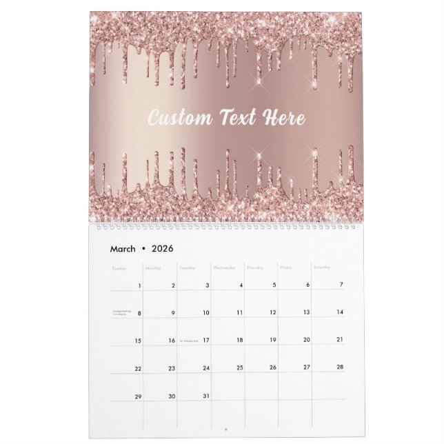 Rose Gold Glitzer Benutzerdefinierter Textkalender Kalender (Mär 2026)