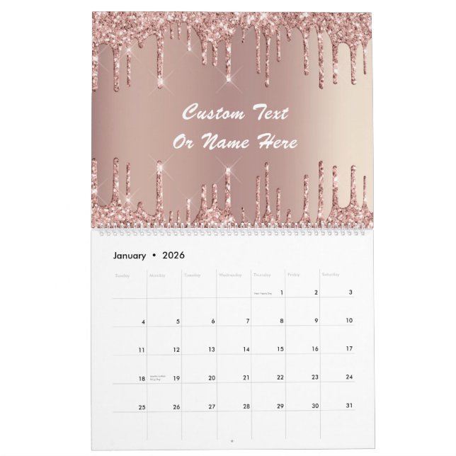 Rose Gold Glitzer Benutzerdefinierter Textnamenkal Kalender (Jan 2026)