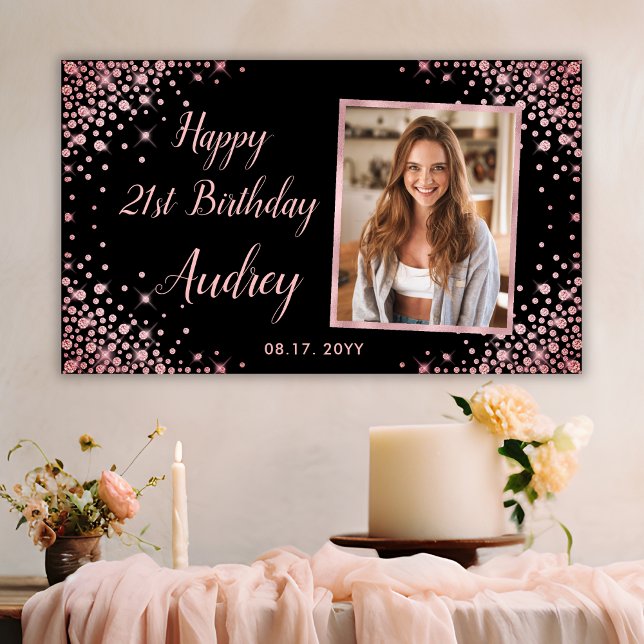 Rose Gold Glitzer Black 21. Geburtstag Foto Banner (Von Creator hochgeladen)