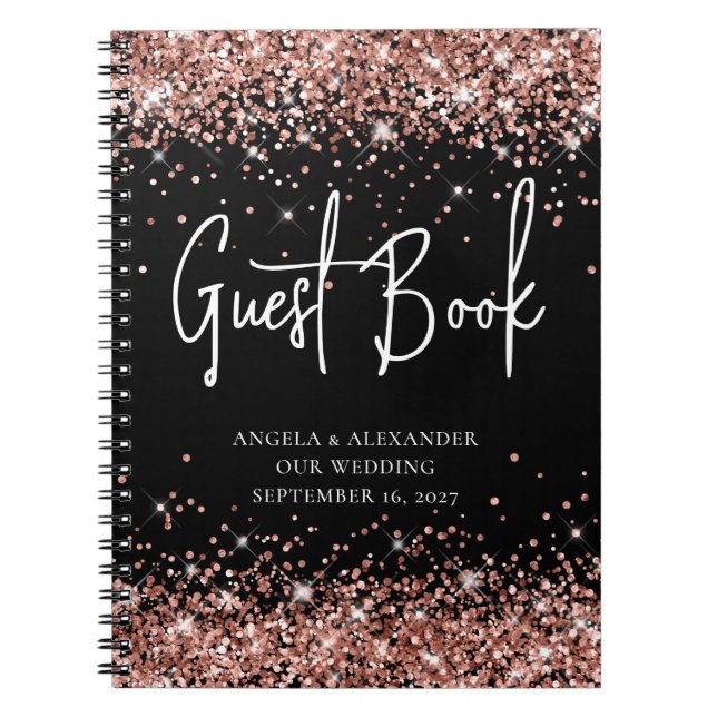 Rose Gold Glitzer Black Glam Wedding Gästebuch Notizblock (Vorderseite)