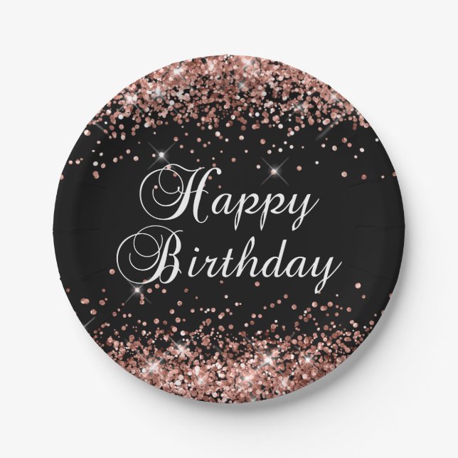 Rose Gold Glitzer Black Happy Geburtstag Pappteller (Vorderseite)