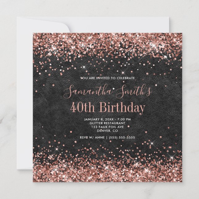Rose Gold Glitzer Black Leather 40. Geburtstag Einladung (Vorderseite)