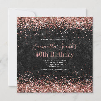 Rose Gold Glitzer Black Leather 40. Geburtstag Einladung