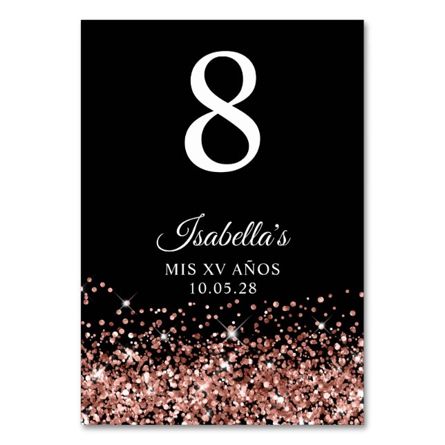 Rose Gold Glitzer Black Mis XV Anos Tischnummer (Vorderseite)