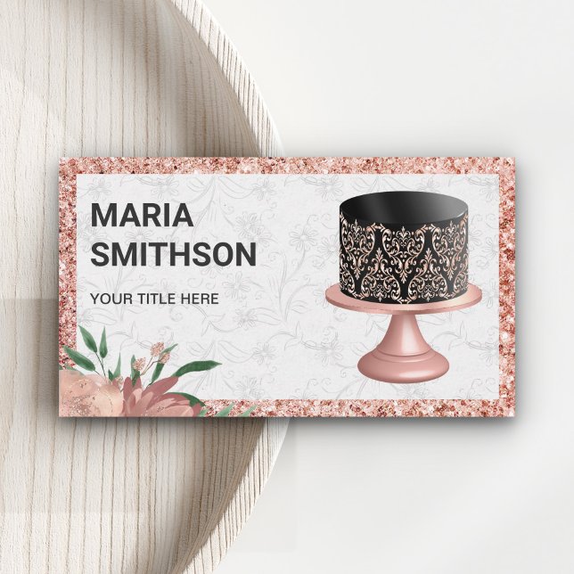 Rose Gold Glitzer Black Pink Damask Kuchen Bäckere Visitenkarte (Von Creator hochgeladen)