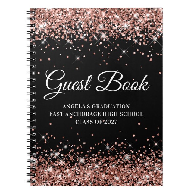 Rose Gold Glitzer Black School Abschluss Guest Notizblock (Vorderseite)