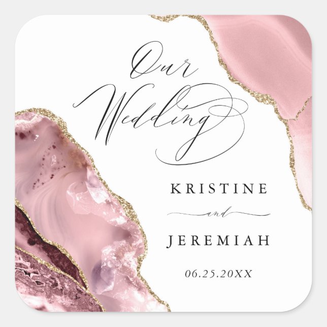Rose Gold Glitzer Black Script Luxury Hochzeit Quadratischer Aufkleber (Vorderseite)
