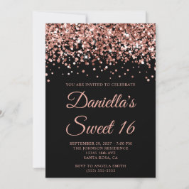 Rose Gold Glitzer Black Sweet 16 Einladung