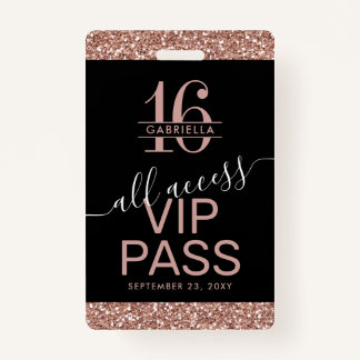 Rose Gold Glitzer Black Sweet 16 Einladung VIP Ausweis