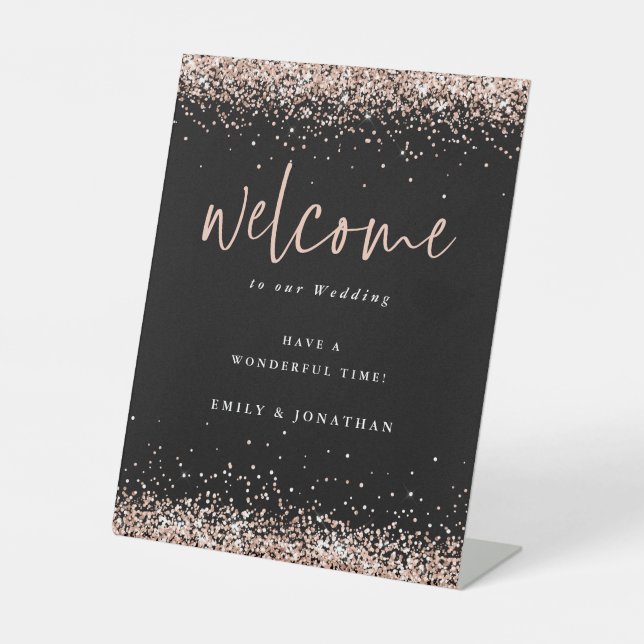 Rose Gold Glitzer Black Willkommen bei Hochzeit Sockelschild (Vorderseite)
