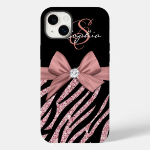 Rose Gold Glitzer Black Zebra Streifen Bow Monogra Case-Mate iPhone 14 Plus Hülle