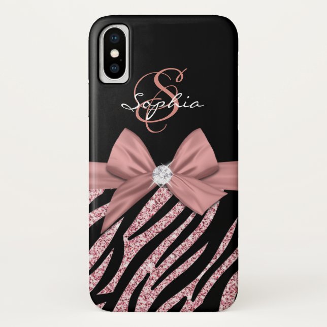 Rose Gold Glitzer Black Zebra Streifen Bow Monogra Case-Mate iPhone Hülle (Rückseite)
