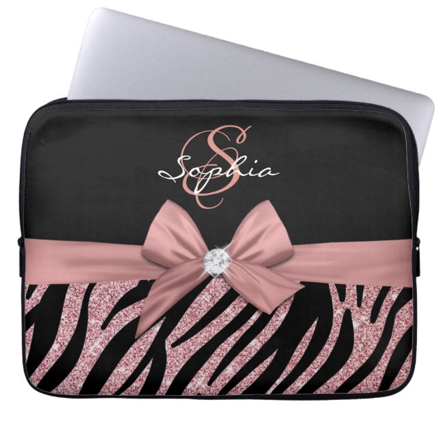 Rose Gold Glitzer Black Zebra Streifen Bow Monogra Laptopschutzhülle (Vorderseite)
