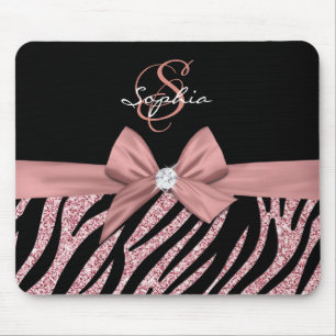 Rose Gold Glitzer Black Zebra Streifen Bow Monogra Mousepad