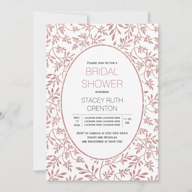 Rose Gold Glitzer Blätter Hochzeit Brautparty Einladung (Vorderseite)