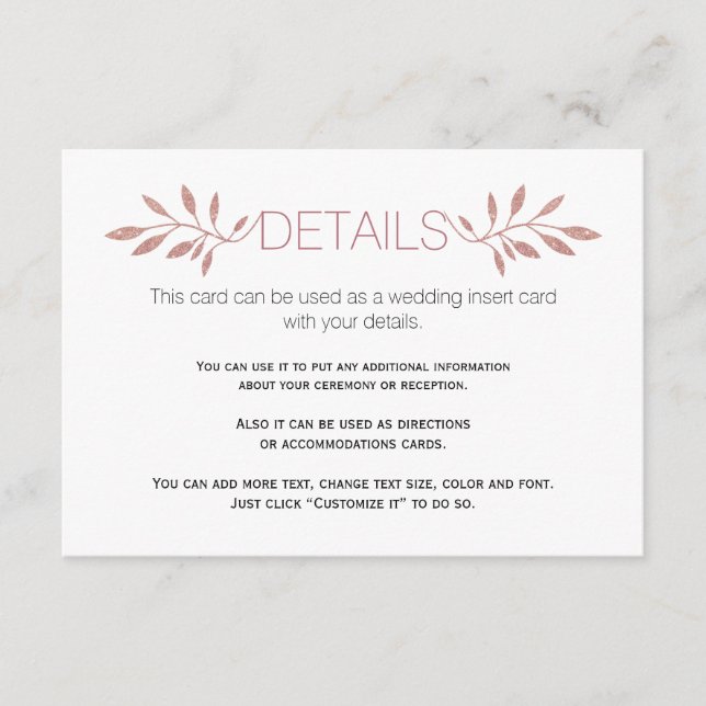 Rose Gold Glitzer Blätter Hochzeitskarte Begleitkarte (Vorderseite)
