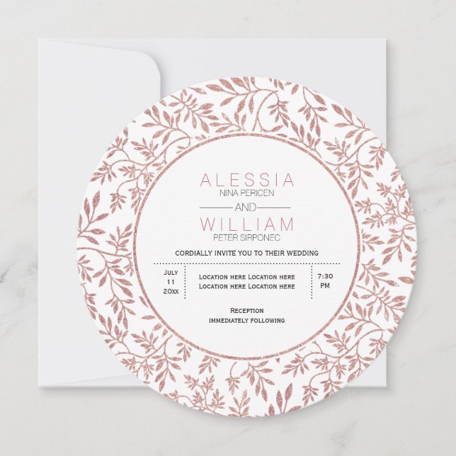 Rose Gold Glitzer Blätter Muster moderne Hochzeit Einladung (Vorderseite)