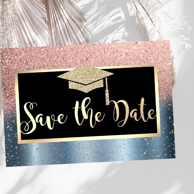 Rose Gold Glitzer Blue Abschluss Save the Date (Von Creator hochgeladen)