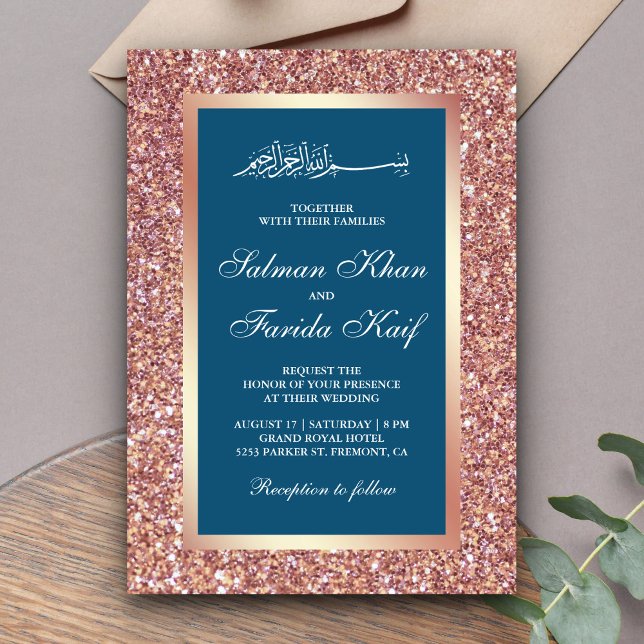 Rose Gold Glitzer Blue Islamische Hochzeit Einladung (Von Creator hochgeladen)
