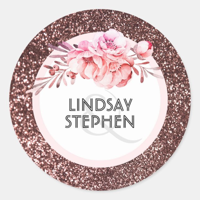 Rose Gold Glitzer Blues Hochzeit Runder Aufkleber (Vorderseite)