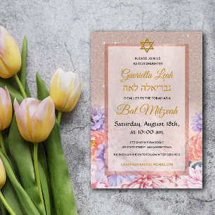 Rose Gold Glitzer Blume Star Jüdische Bat Mitzvah Einladung