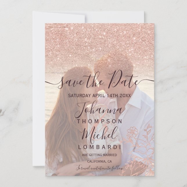 Rose Gold Glitzer Blumenrotes Foto Save the Date (Vorderseite)