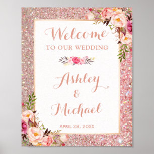 Rose Gold Glitzer Blumenzwiebelschrift Begrüßung Poster