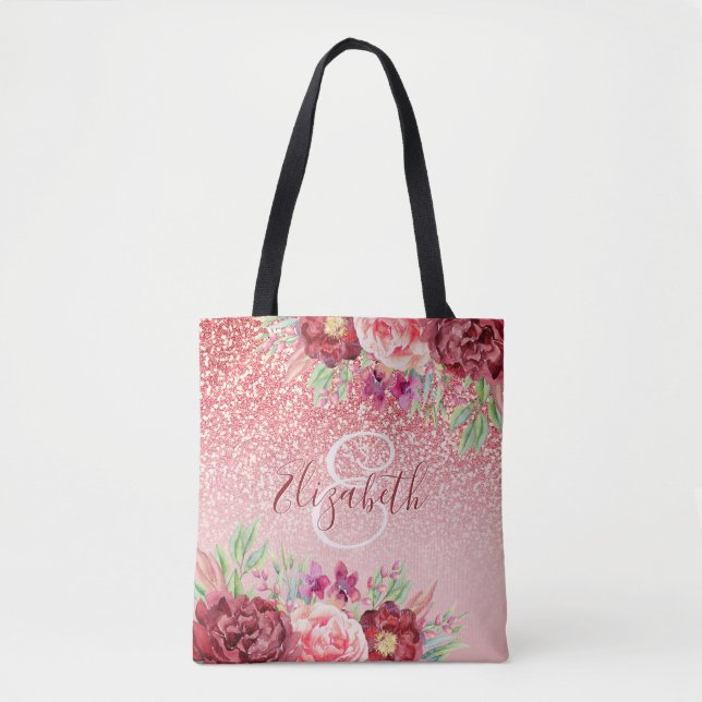 Rose Gold Glitzer Blush Burgundy Bloral Monogramm Tasche (Vorderseite)