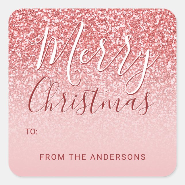 Rose Gold Glitzer Blush Ombre Frohe Weihnachtsgesc Quadratischer Aufkleber (Vorderseite)