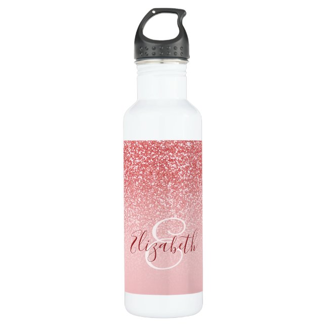 Rose Gold Glitzer Blush Ombre Monogram Edelstahlflasche (Vorderseite)