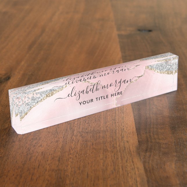Rose Gold Glitzer Blush Pink Agate Marble Geode Namensplakette (Seite)