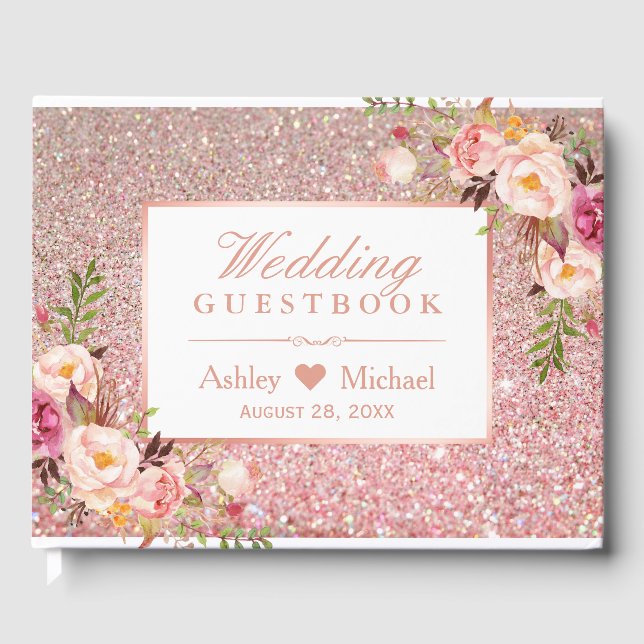 Rose Gold Glitzer Blush Pink Blumenzehen Gästebuch (Vorderseite)