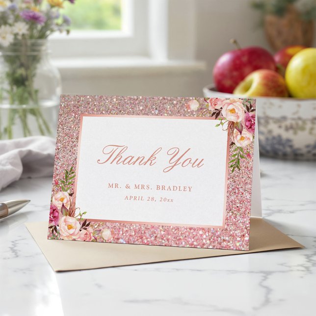 Rose Gold Glitzer Blush Pink Floral Vielen Dank Dankeskarte (Von Creator hochgeladen)