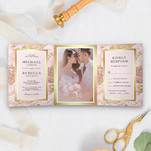 Rose Gold Glitzer Blush Pink Marble Foto Hochzeit Dreifach Gefaltete Einladung